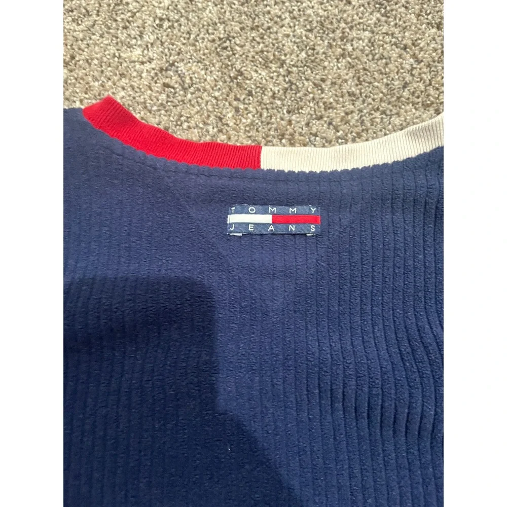 Vintage Tommy Jeans Ribbed V-Neck Sweater Navy Blue Red White Mens XL